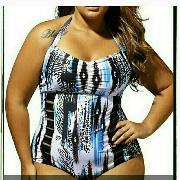 2018 New...Blue white multicolor plus size monokin - Picture 3 of 4